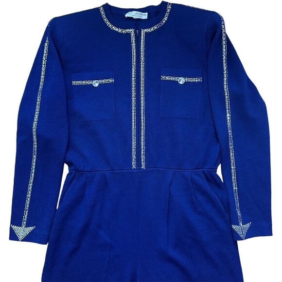 ST. JOHN Size 14 Royal Blue Made In USA Rhinestone Trimmed Knit Jumpsuit Pockets - Picture 5 of 16